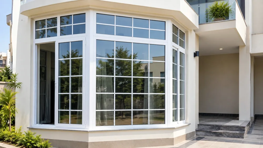 Modern villa in DHA Karachi with white uPVC splayed bay windows