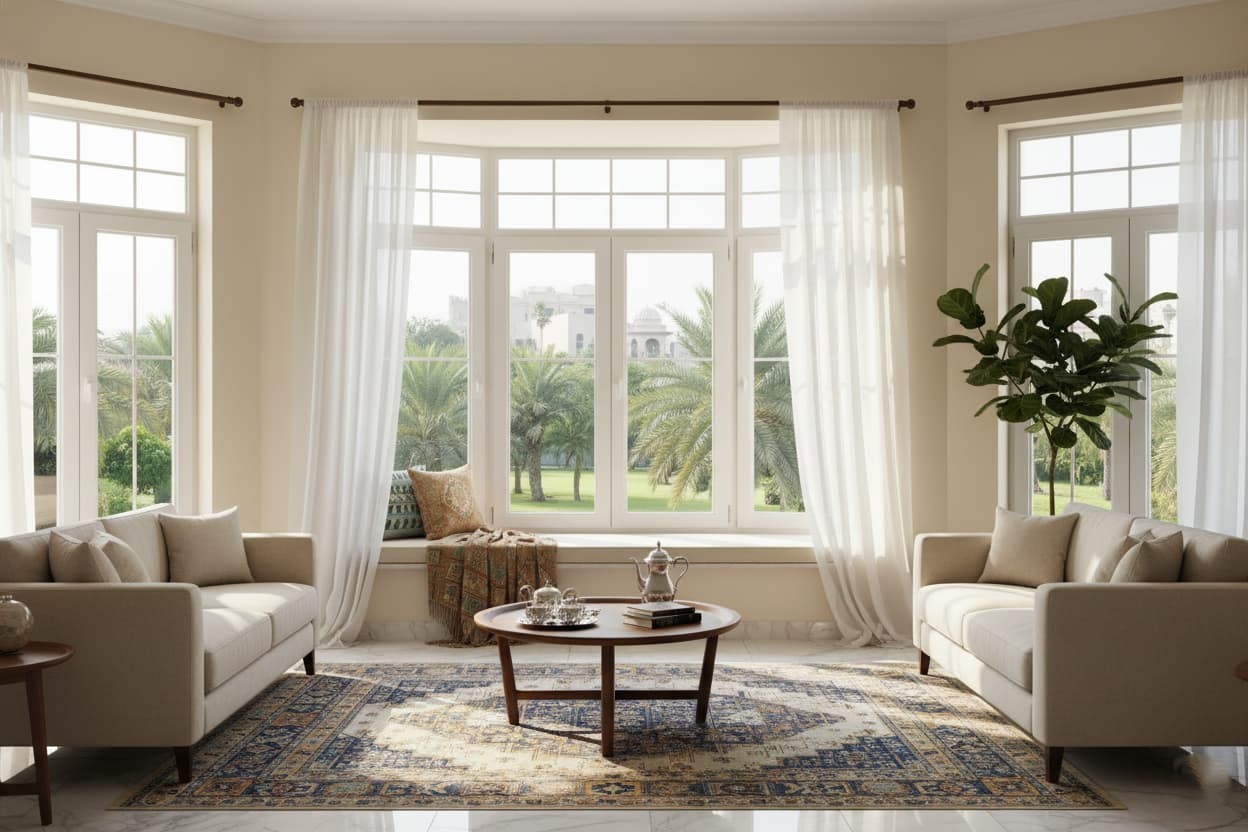 Elegant living room in Karachi showcasing premium Skizo uPVC windows
